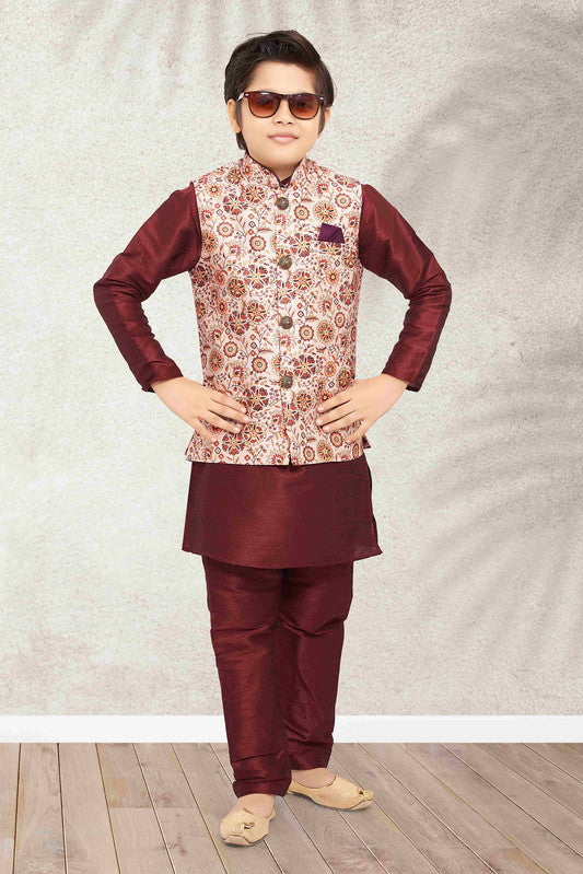 Boy's Cream Banarasi Silk Digital Printed Jacket Set