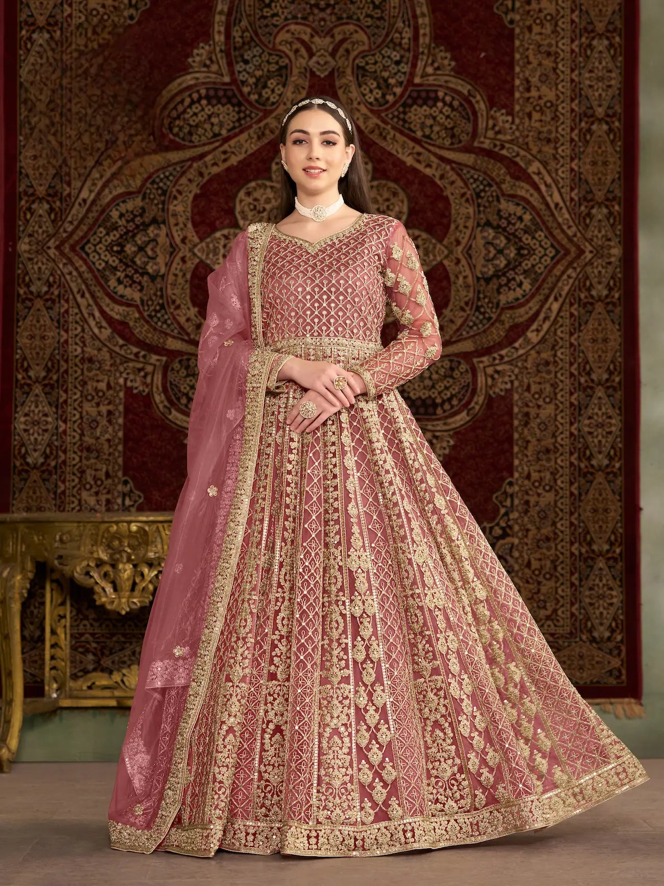 Light Pink Net Gown With Sequence & Zari Embroidery Work - qivii