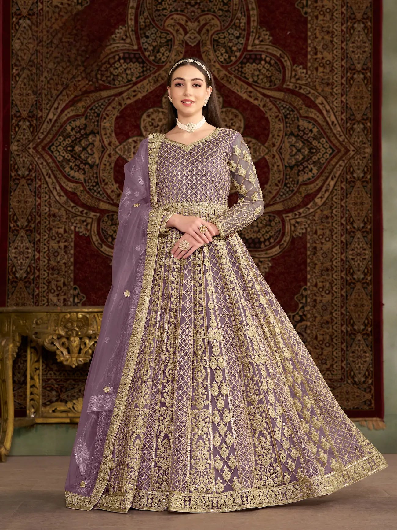 Lavender Net Gown With Sequence & Zari Embroidery Work - qivii