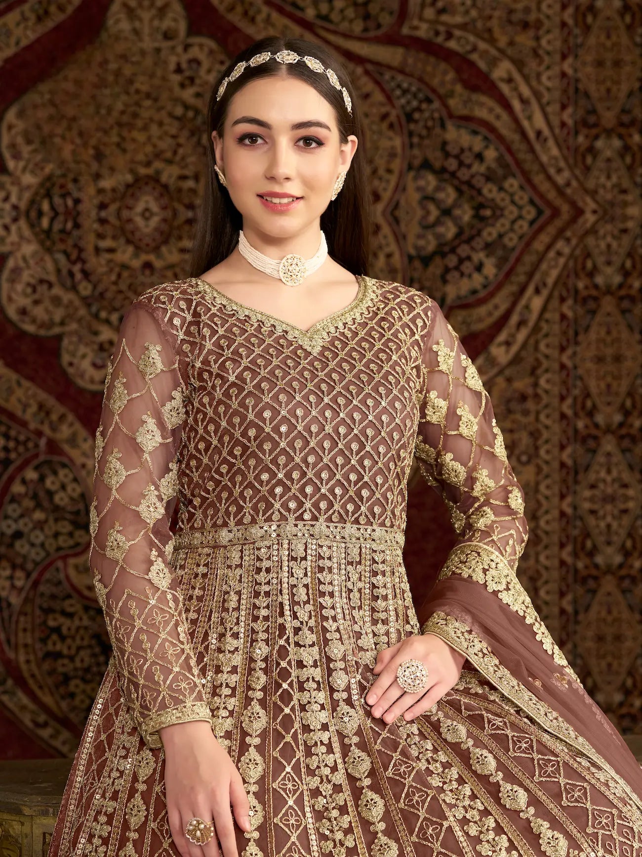 Light Brown Net Gown With Sequence & Zari Embroidery Work - qivii