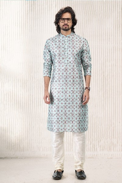 Men's Green Jacquard Banarasi Silk Digital Print Kurta Pajama Set