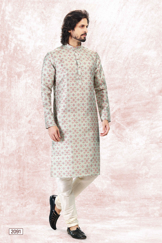 Men's Pista Green Jacquard Banarasi Silk Digital Print Kurta Pajama Set