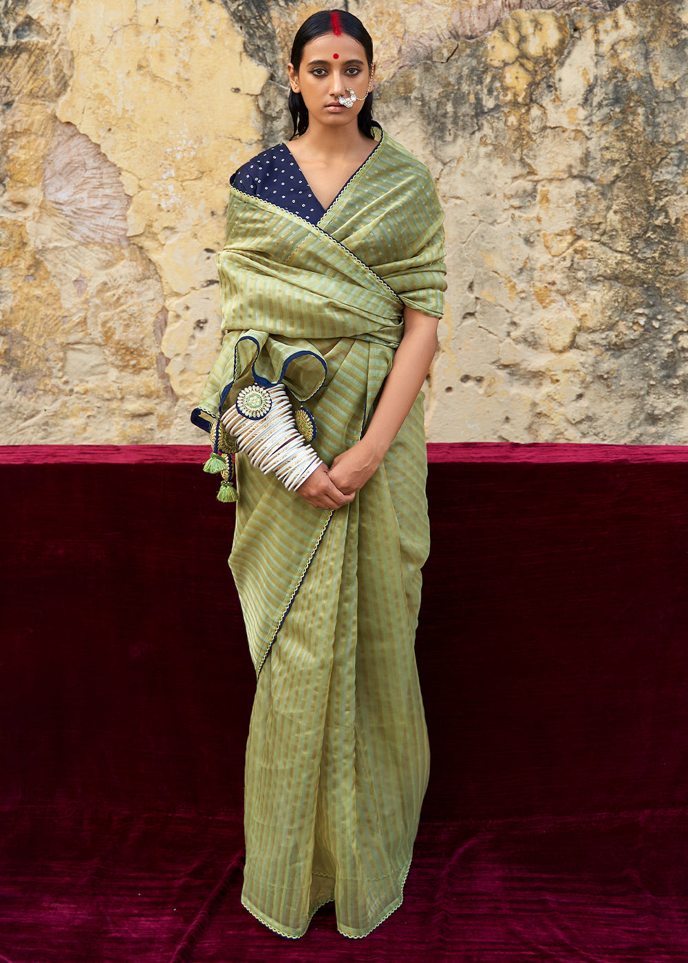 Sage Green Zari Weaving Organza Saree with Embroidered Blouse - qivii