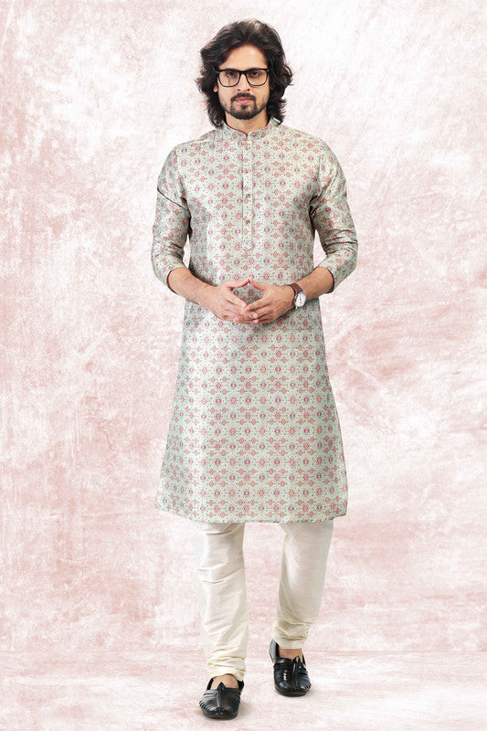 Men's Pista Green Jacquard Banarasi Silk Digital Print Kurta Pajama Set
