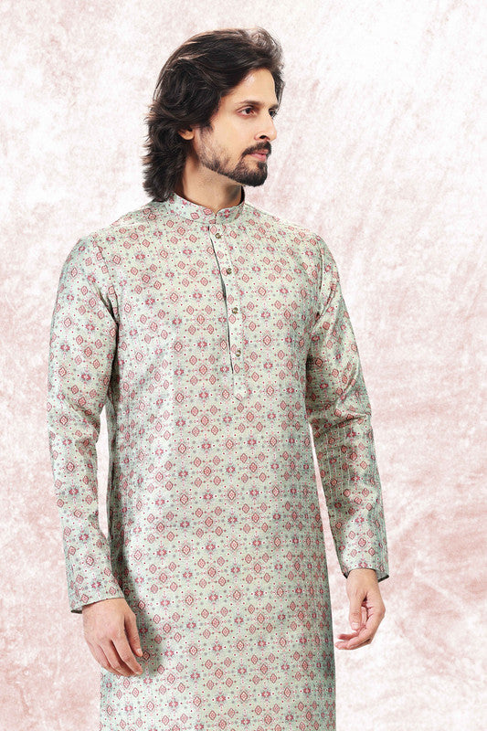 Men's Pista Green Jacquard Banarasi Silk Digital Print Kurta Pajama Set