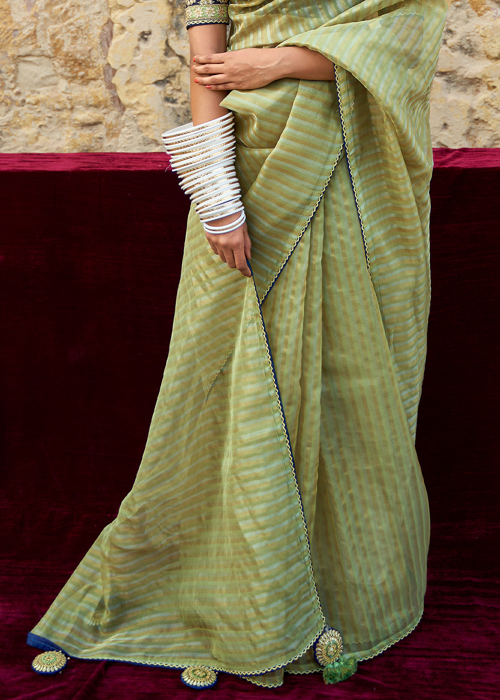 Sage Green Zari Weaving Organza Saree with Embroidered Blouse - qivii