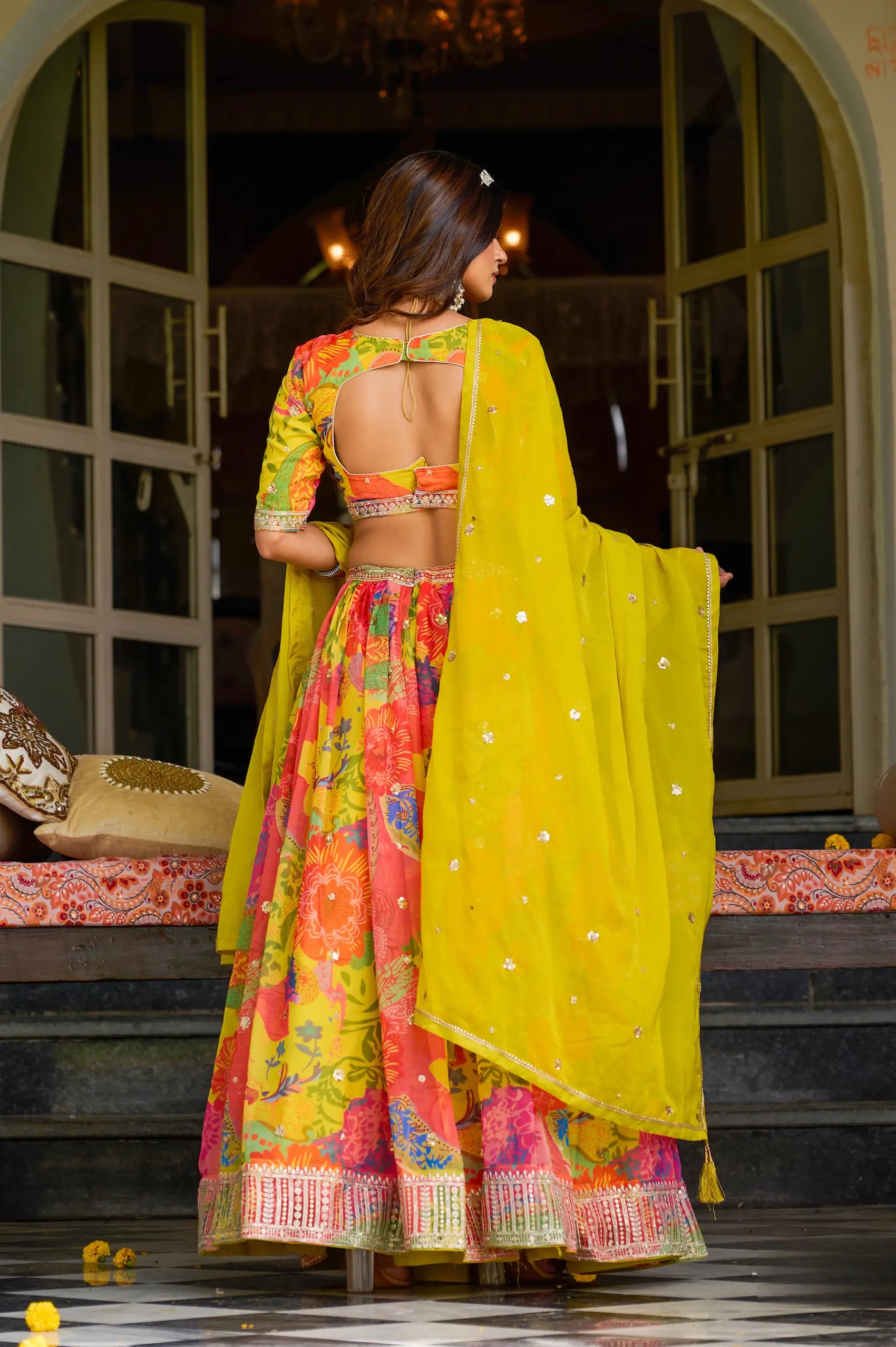 Yellow Multicolor Printed & Embroidery Lehenga Choli
