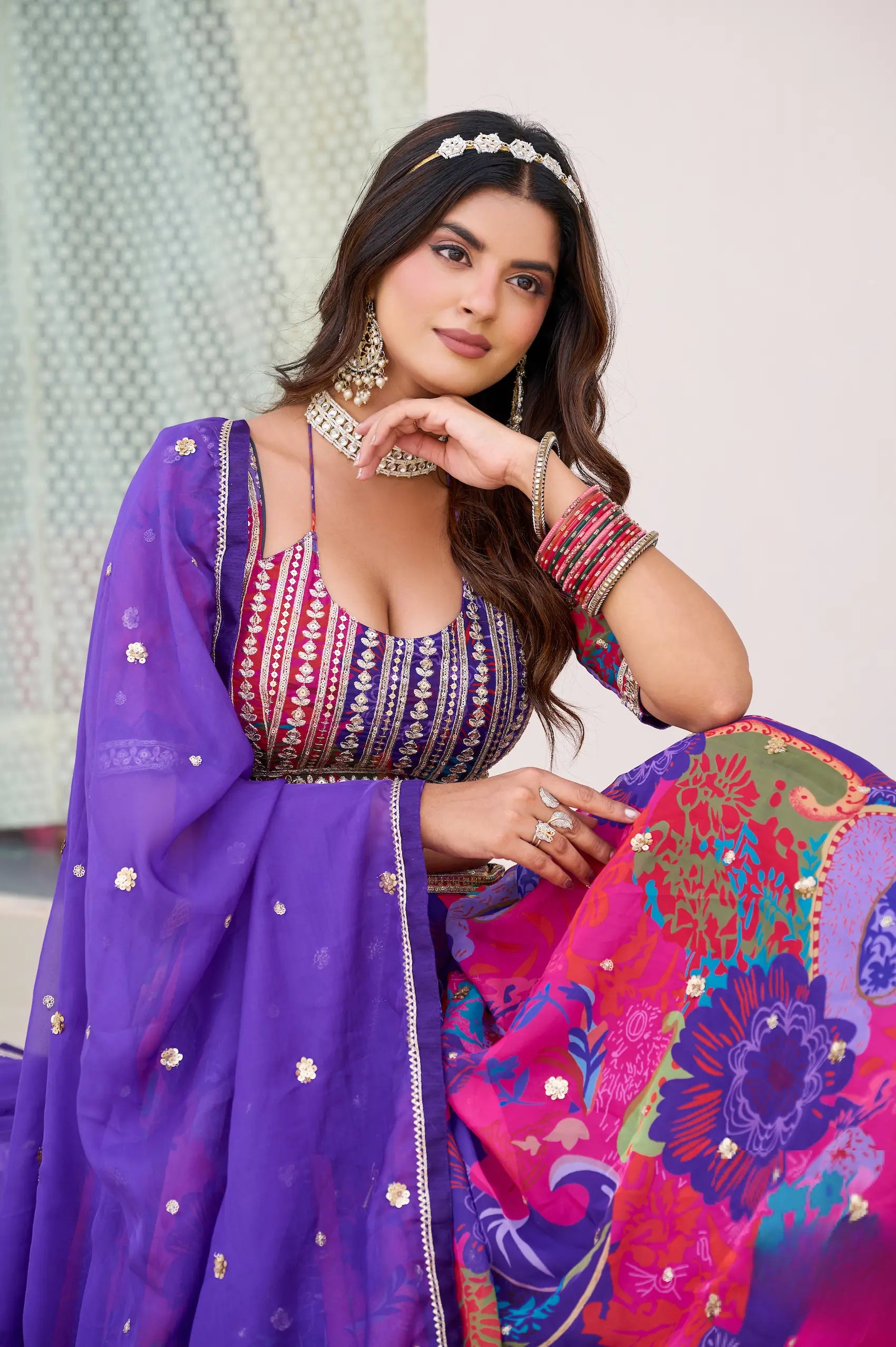 Purple Multicolor Printed & Embroidery Lehenga Choli
