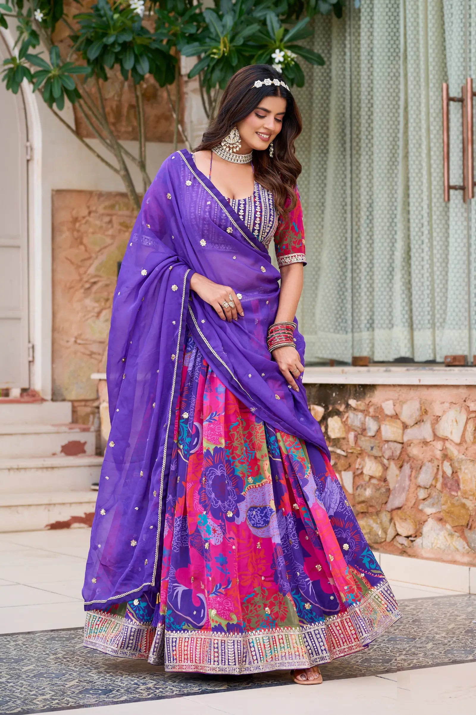 Purple Multicolor Printed & Embroidery Lehenga Choli