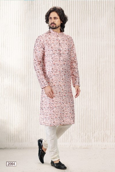 Men's Peach Jacquard Banarasi Silk Digital Print Kurta Pajama Set