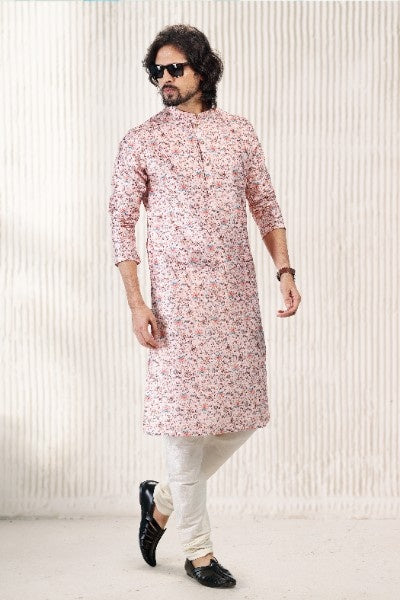 Men's Peach Jacquard Banarasi Silk Digital Print Kurta Pajama Set