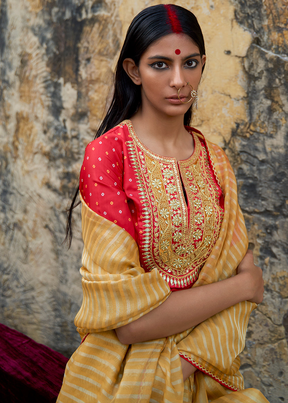 Mustard Yellow Zari Weaving Organza Saree with Embroidered Blouse - qivii