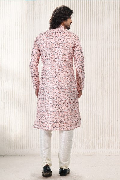Men's Peach Jacquard Banarasi Silk Digital Print Kurta Pajama Set