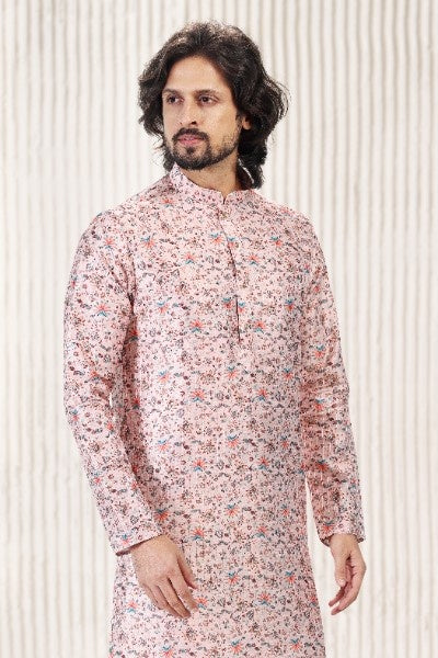 Men's Peach Jacquard Banarasi Silk Digital Print Kurta Pajama Set