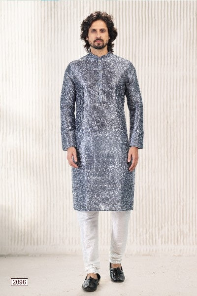 Men's Dark Grey Jacquard Banarasi Silk Digital Print Kurta Pajama Set