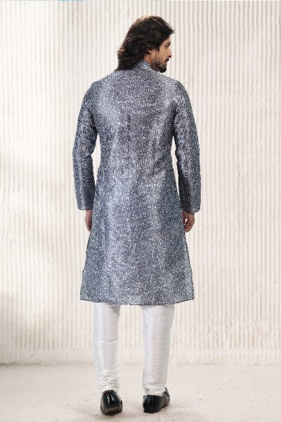 Men's Dark Grey Jacquard Banarasi Silk Digital Print Kurta Pajama Set