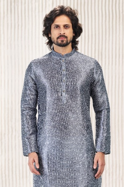 Men's Dark Grey Jacquard Banarasi Silk Digital Print Kurta Pajama Set