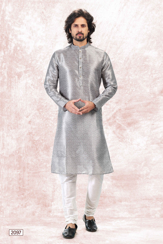 Men's Grey Jacquard Banarasi Silk Digital Print Kurta Pajama Set