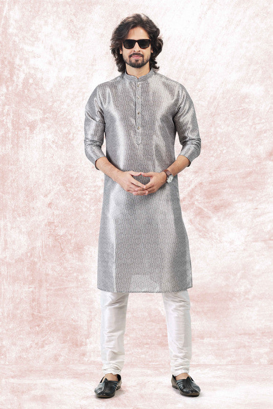 Men's Grey Jacquard Banarasi Silk Digital Print Kurta Pajama Set