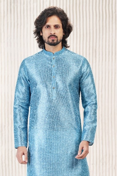 Men's Blue Jacquard Banarasi Silk Digital Print Kurta Pajama Set