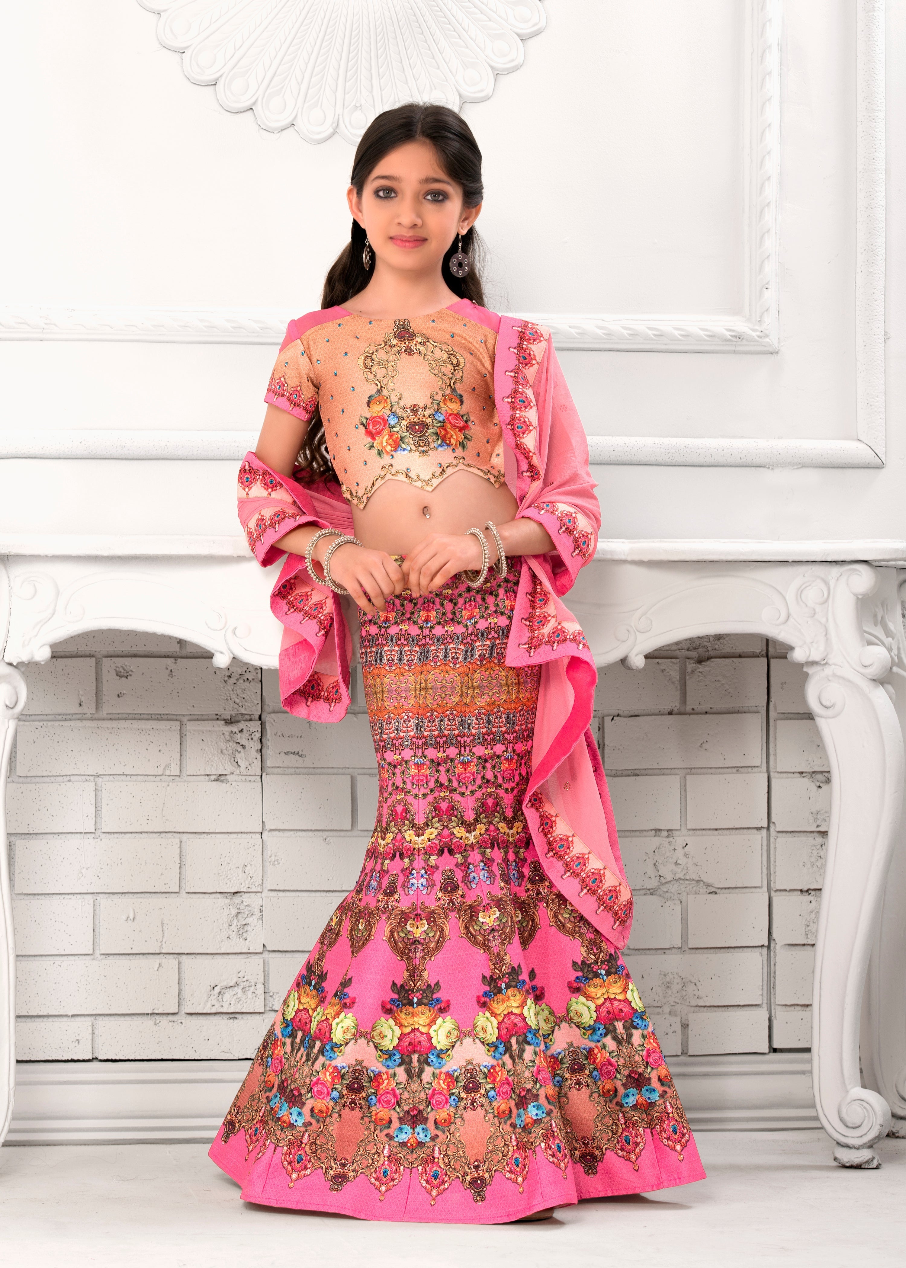 Graceful Blossom Khadi Mono Silk Lehenga for Girls - qivii