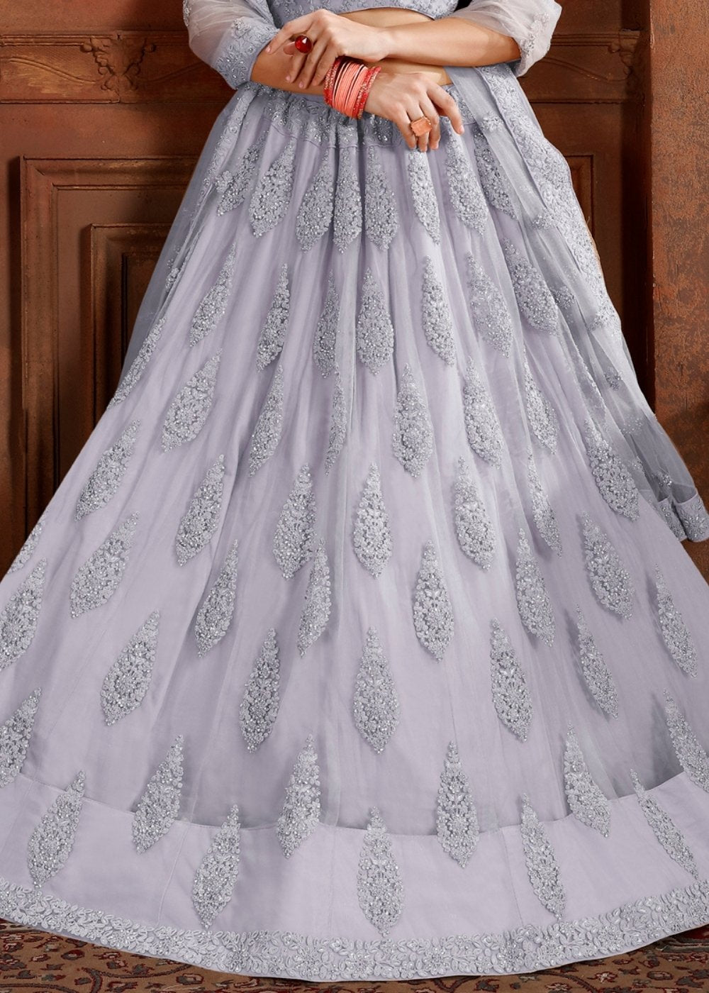 Silver Grey Soft Net Lehenga Choli with Thread, Zarkan & Pearl work | Ready To Wear - qivii