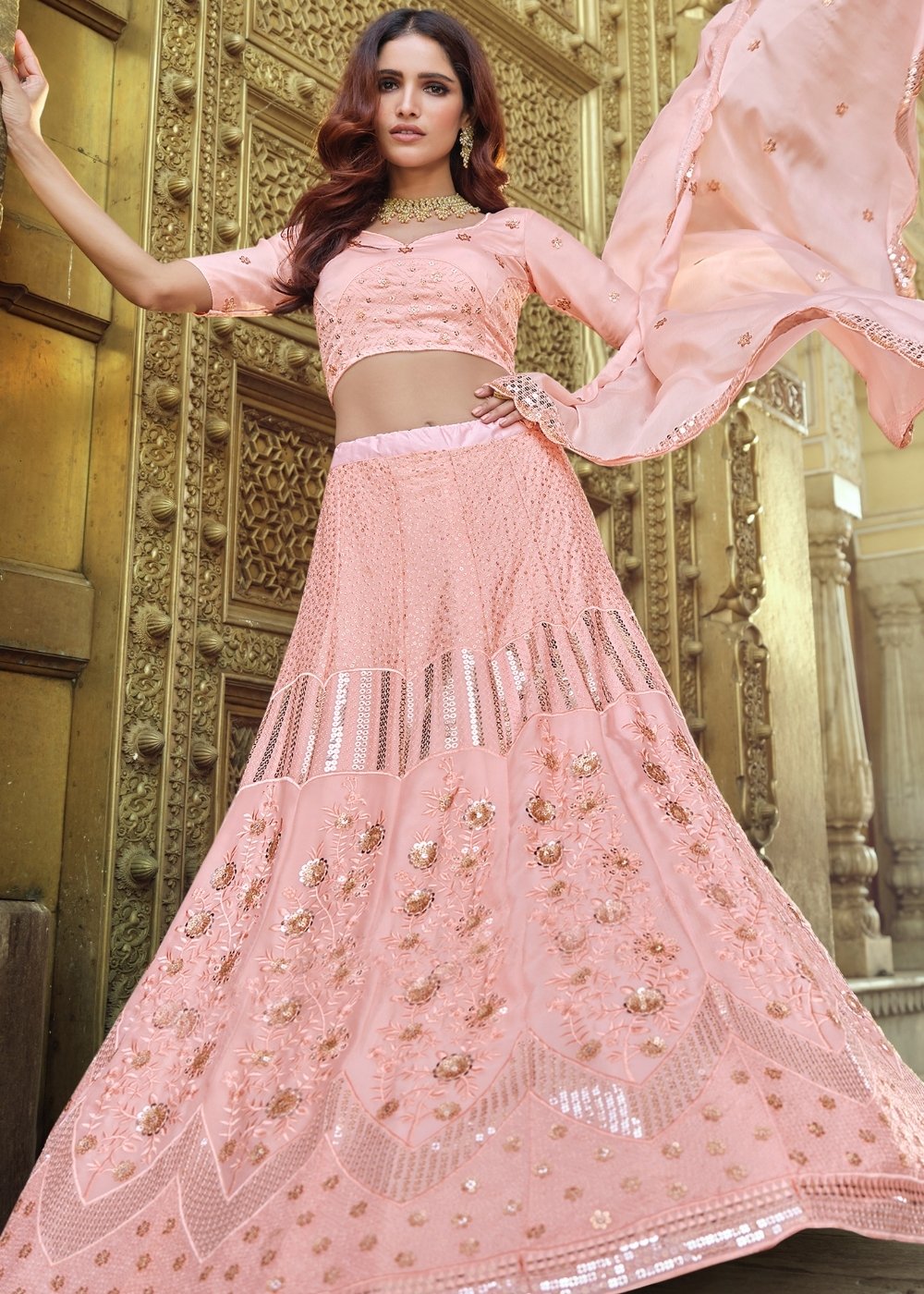 Flamingo Pink Georgette Lehenga Choli with Sequins & Thread work | Ready To Wear - qivii