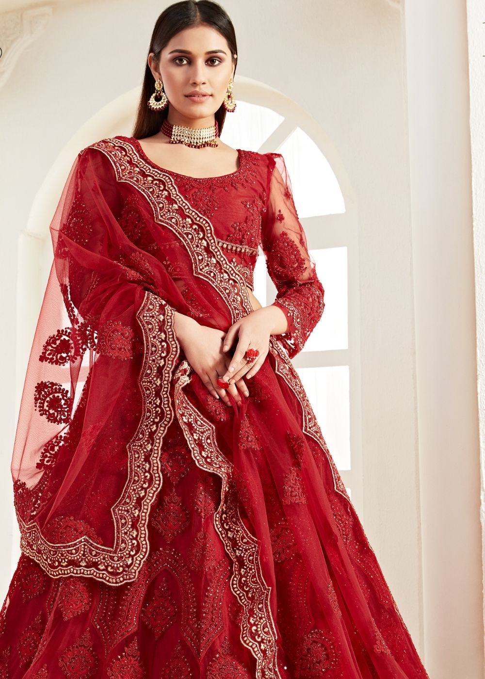 Apple Red Soft Net Lehenga Choli with Coding, Thread, Stonework & Zari Embroidery | Ready To Wear - qivii