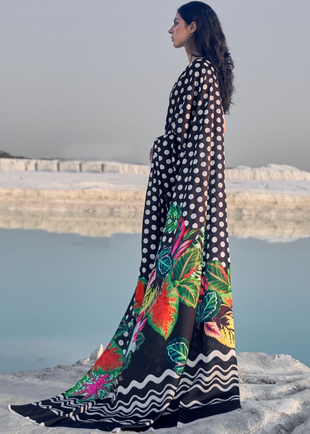 Black and White Polka Dots Digital Printed Crepe Silk Saree - qivii
