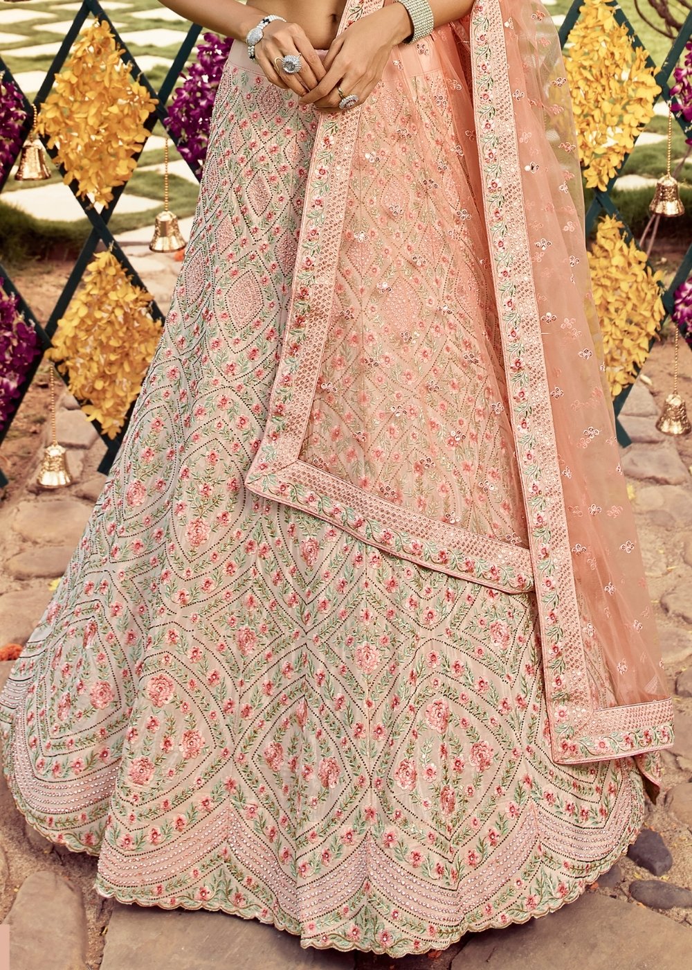 Pastel Peach Pink Crepe Lehenga Choli with Resham, Swarvoski, Zarkan & Zari work | Ready To Wear - qivii
