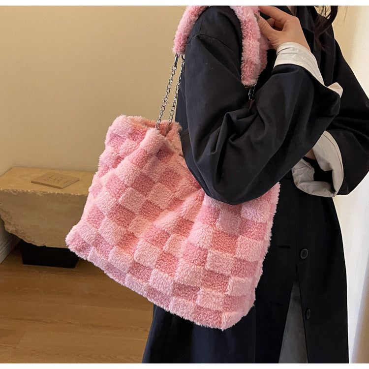 Women's Large-Capacity Plush Handbag | Trendy Quilted Chain Shoulder Bag with Patchwork Design
