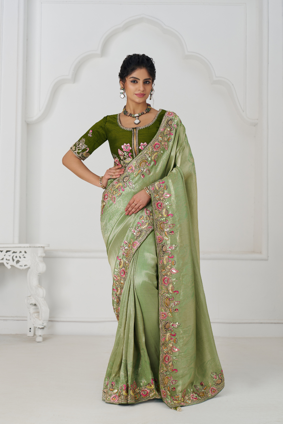Mehendi Color Saree With Multi-thread And Sequins Embroidery For Wedding - qivii