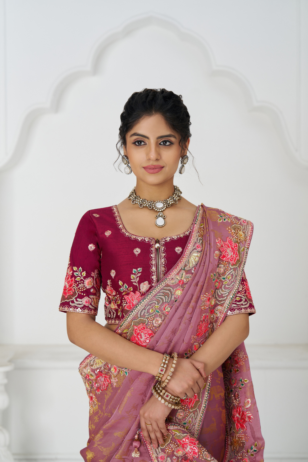 Blushing Mauve: Multi-Thread Embroidered Saree with Floral Elegance - qivii
