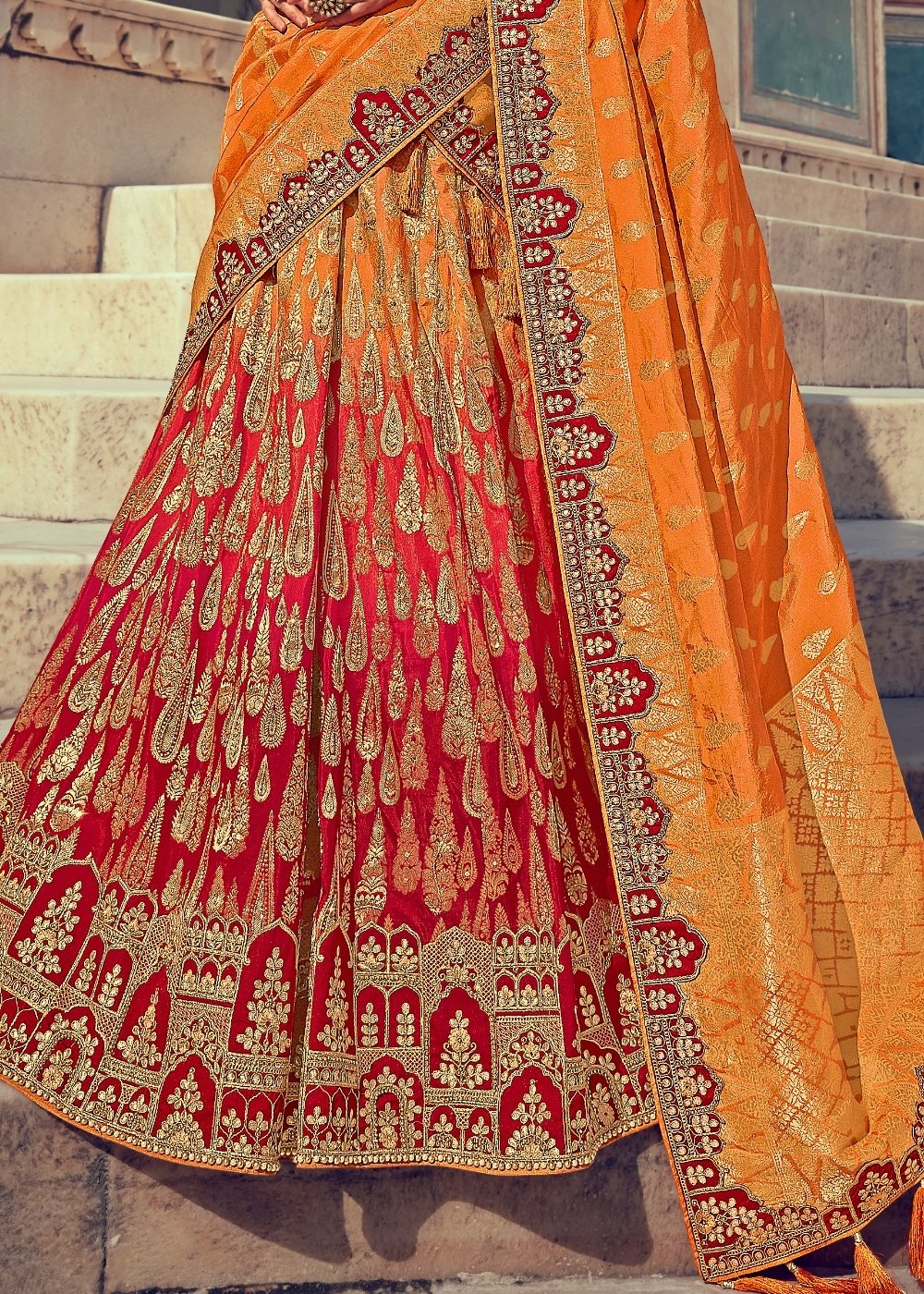 Tangerine Orange & Red Banarasi Silk Lehenga Choli with Khatli work Embroidery | Ready To Wear - qivii