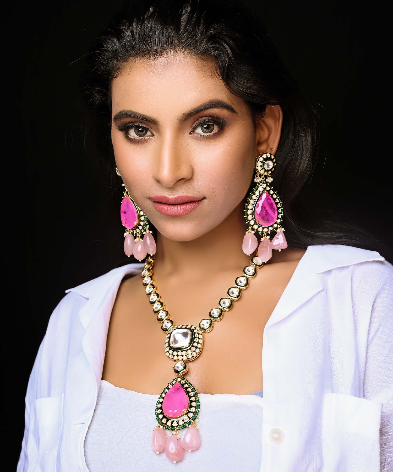 Shaazneen Pink Kundan Set With Uncut Polkis Long Earrings