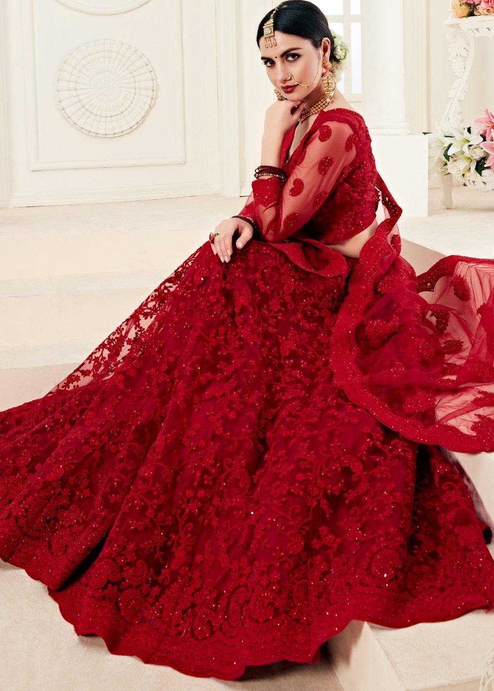 Scarlet Red Soft Net Lehenga Choli with Cording Embroidery & Stonework | Ready To Wear - qivii