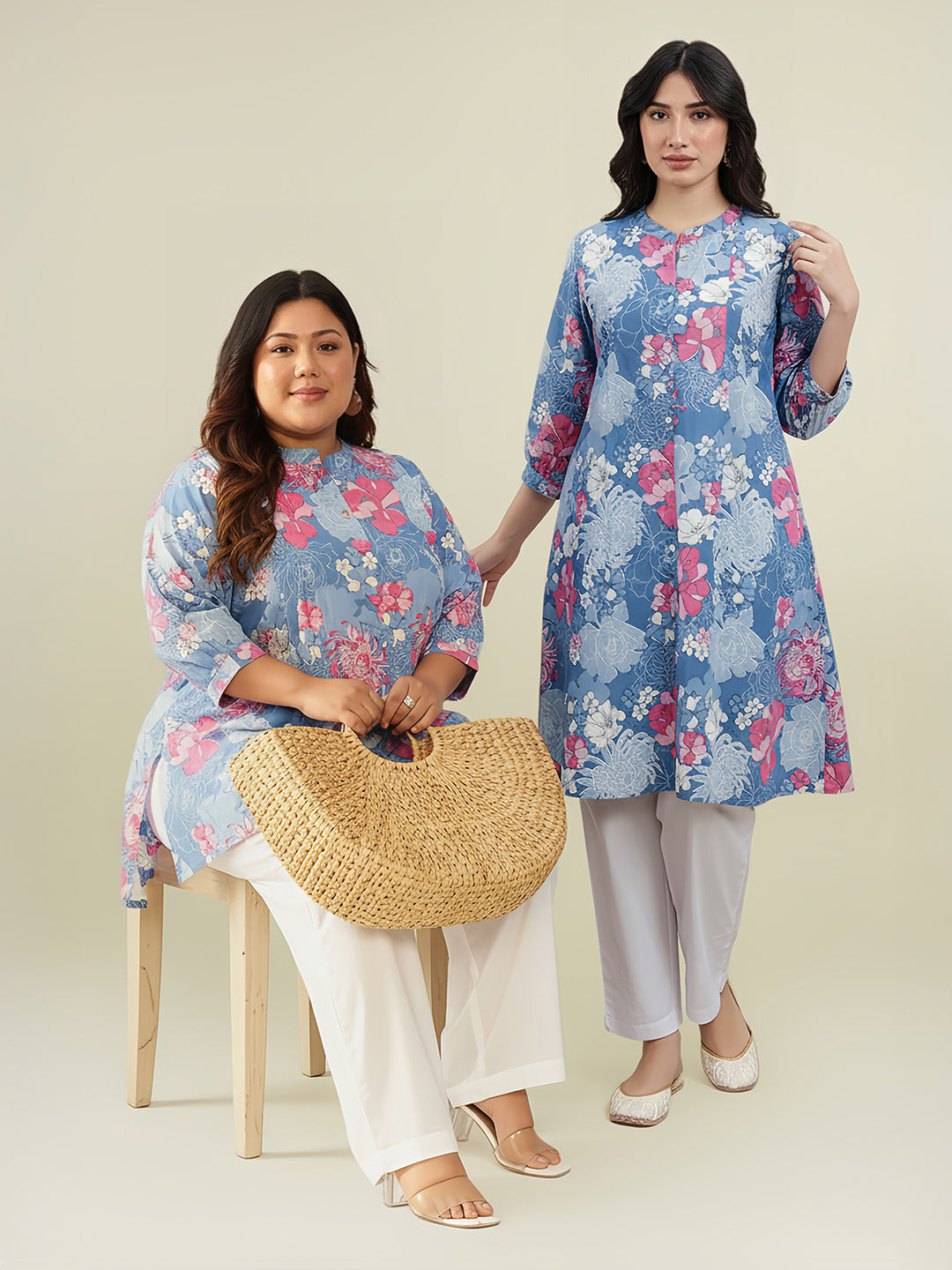 Blue Cotton Floral A-Line Tunic - qivii