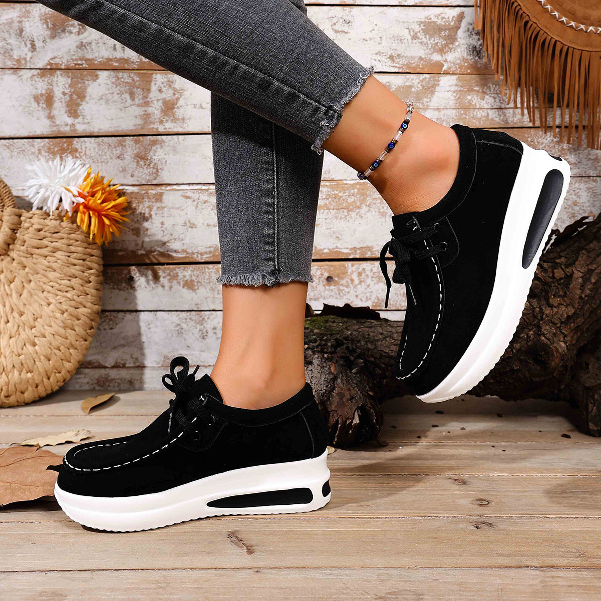 Women's Chunky Sole Lace-Up Loafer - Casual Wedge Heel Shoes (US 5-10.5)