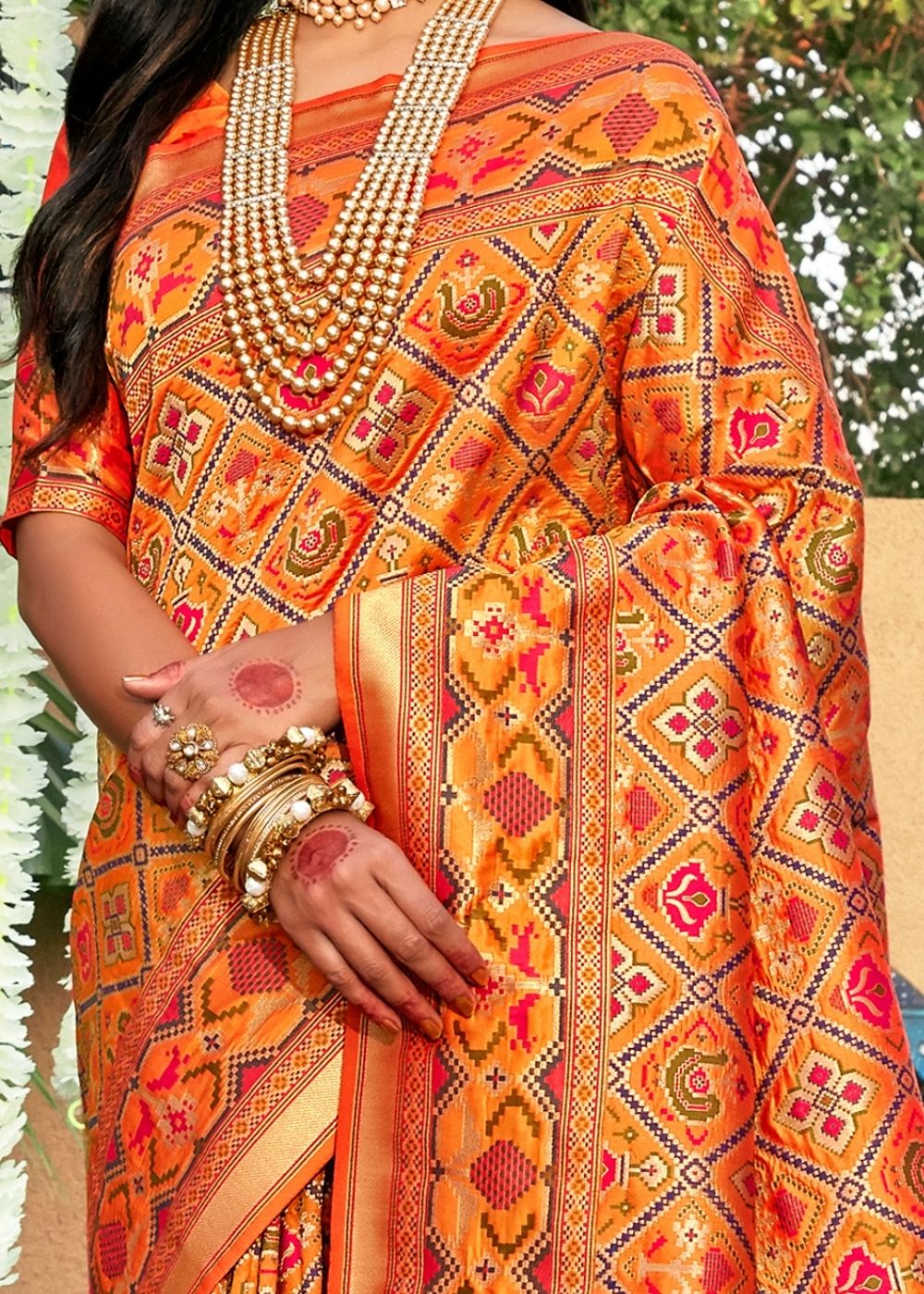 Tangerine Orange Woven Patola Silk Saree - qivii