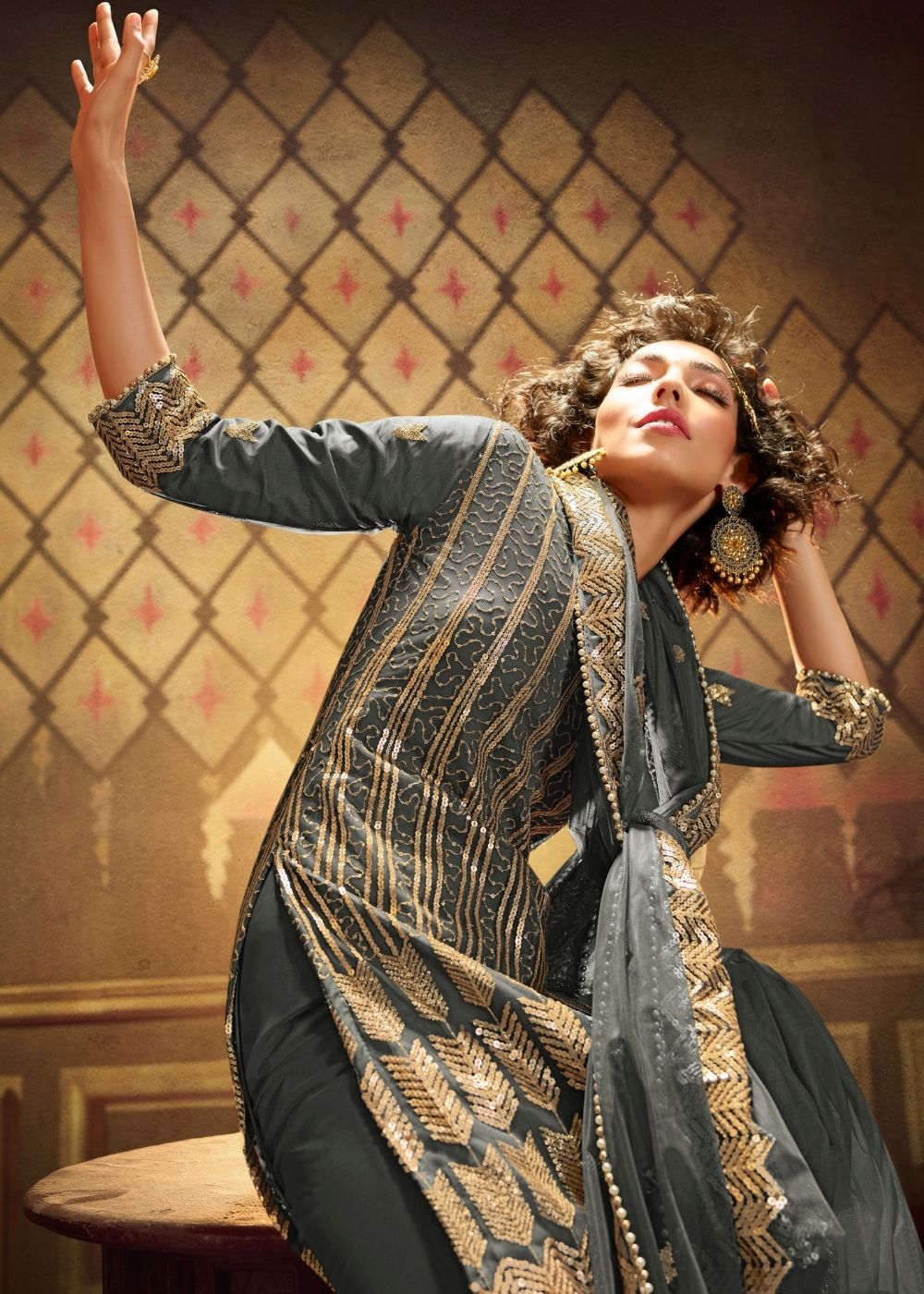 Anchor Grey Designer Soft Net Sharara Suit with overall Sequins work - qivii