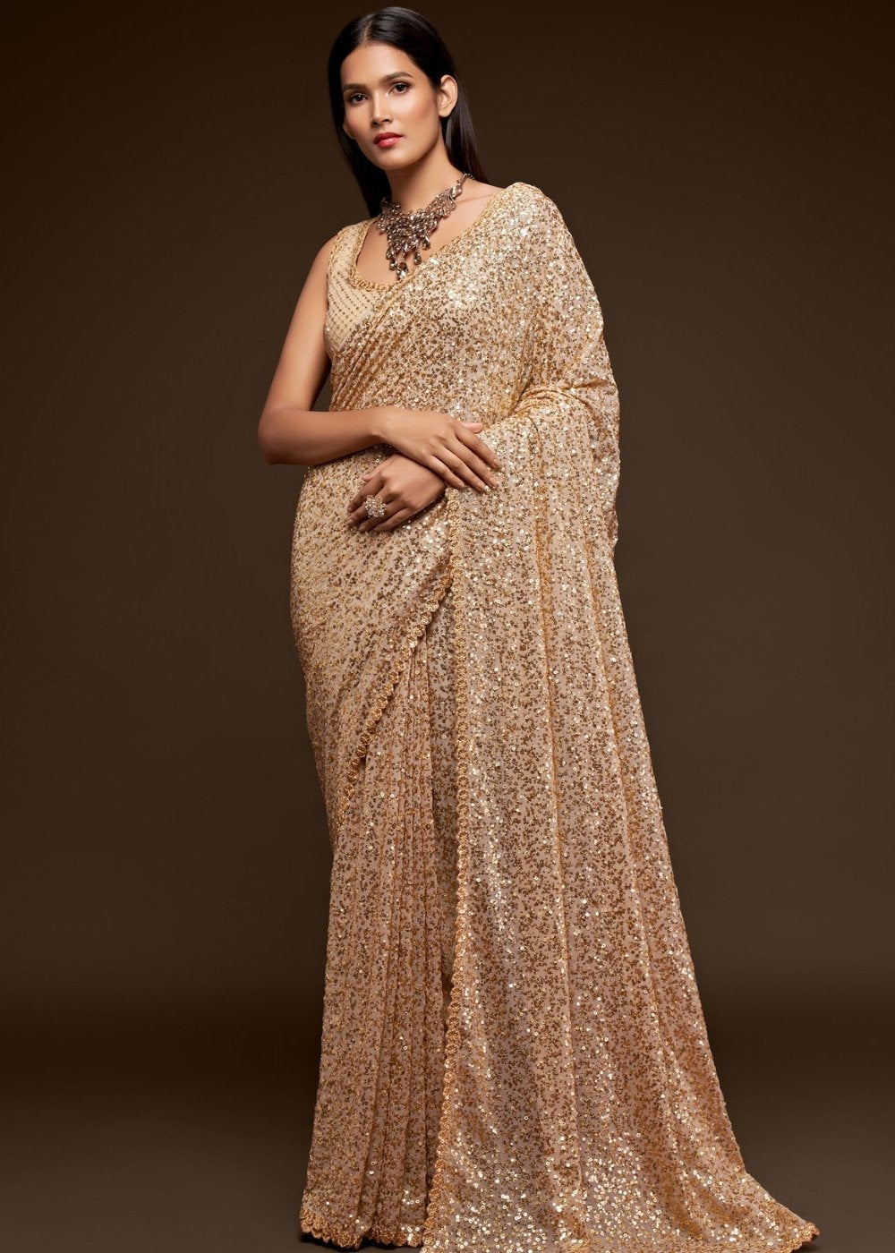 Ivory White Sequins & Thread Embroidered Designer Georgette Saree - qivii