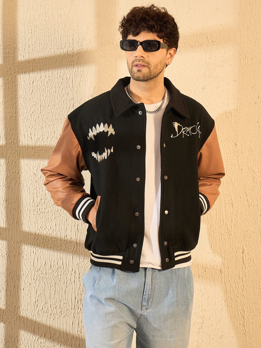 Black Dracula Embroidery Woollen Varsity Jacket