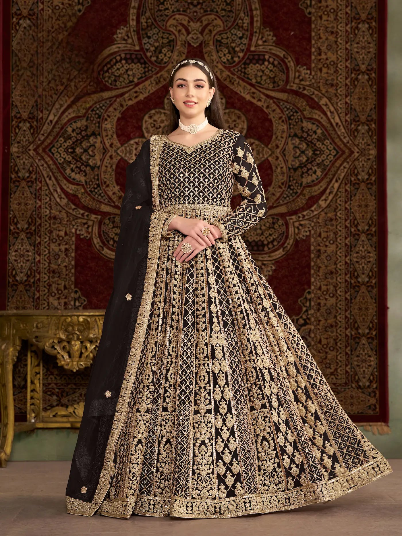Black Net Gown With Sequence & Zari Embroidery Work - qivii