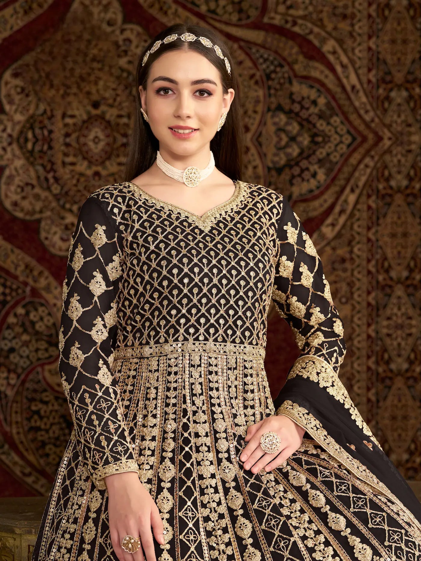 Black Net Gown With Sequence & Zari Embroidery Work - qivii
