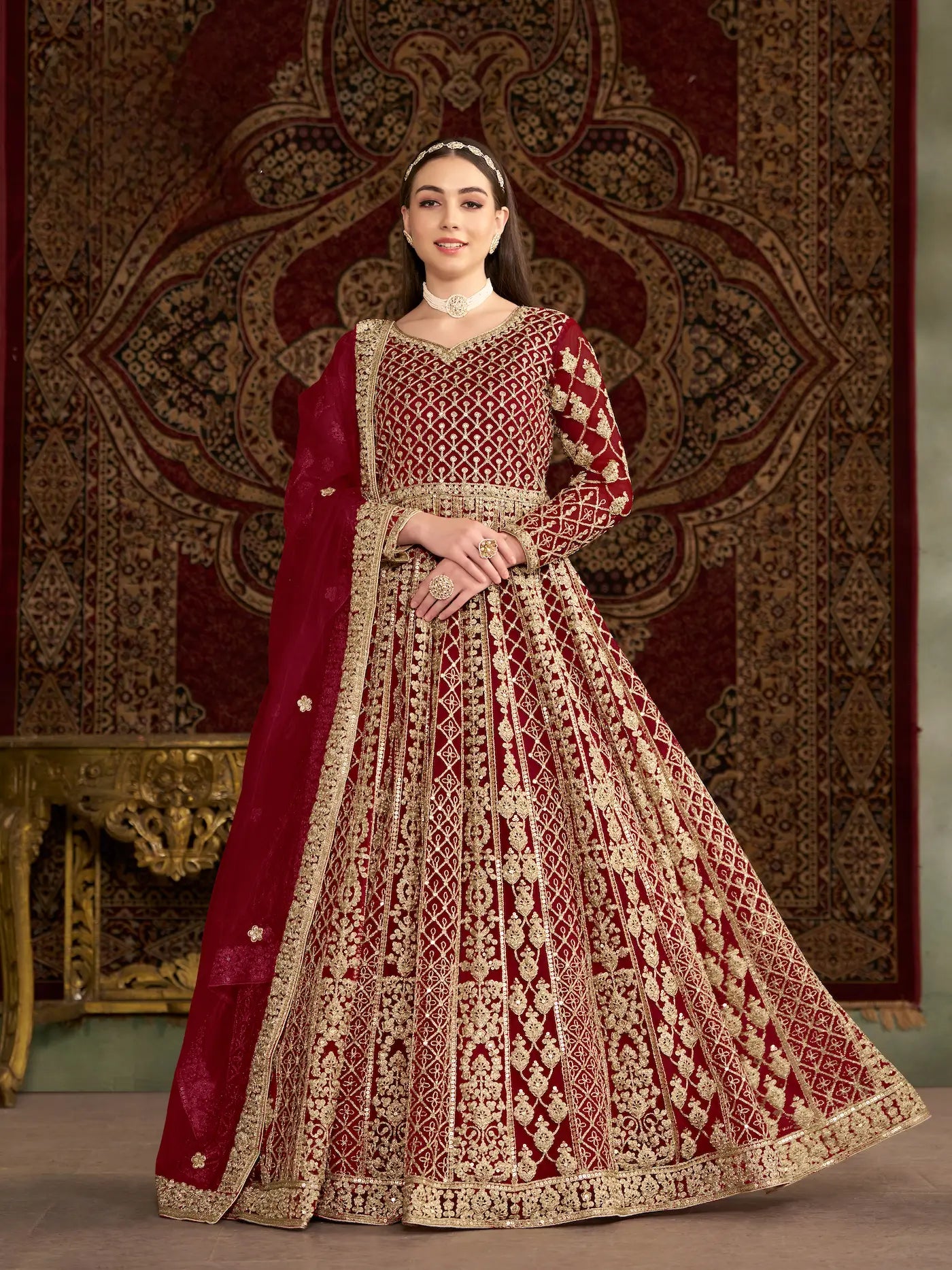Dark Red Net Gown With Sequence & Zari Embroidery Work - qivii