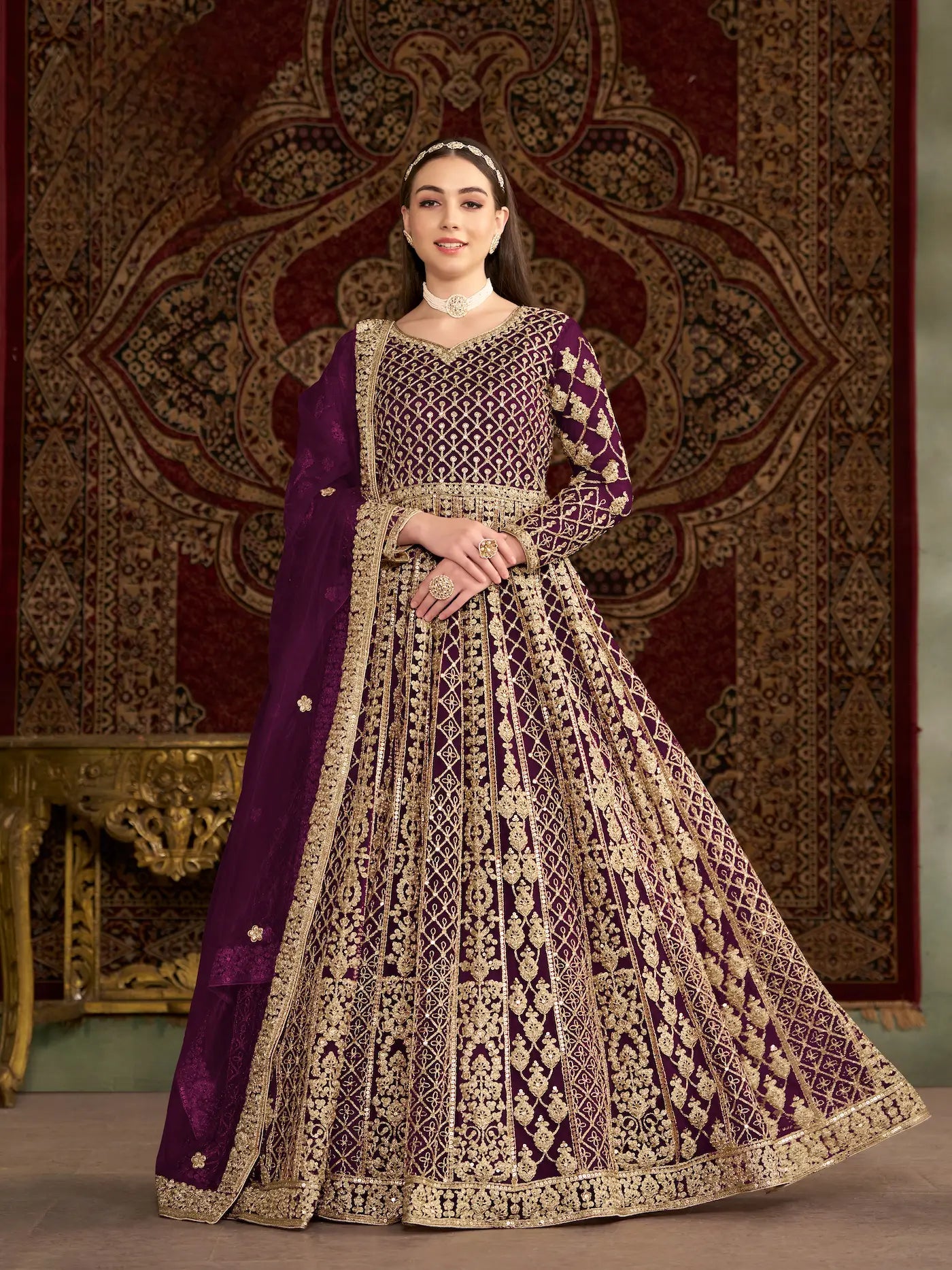 Wine Net Gown With Sequence & Zari Embroidery Work - qivii