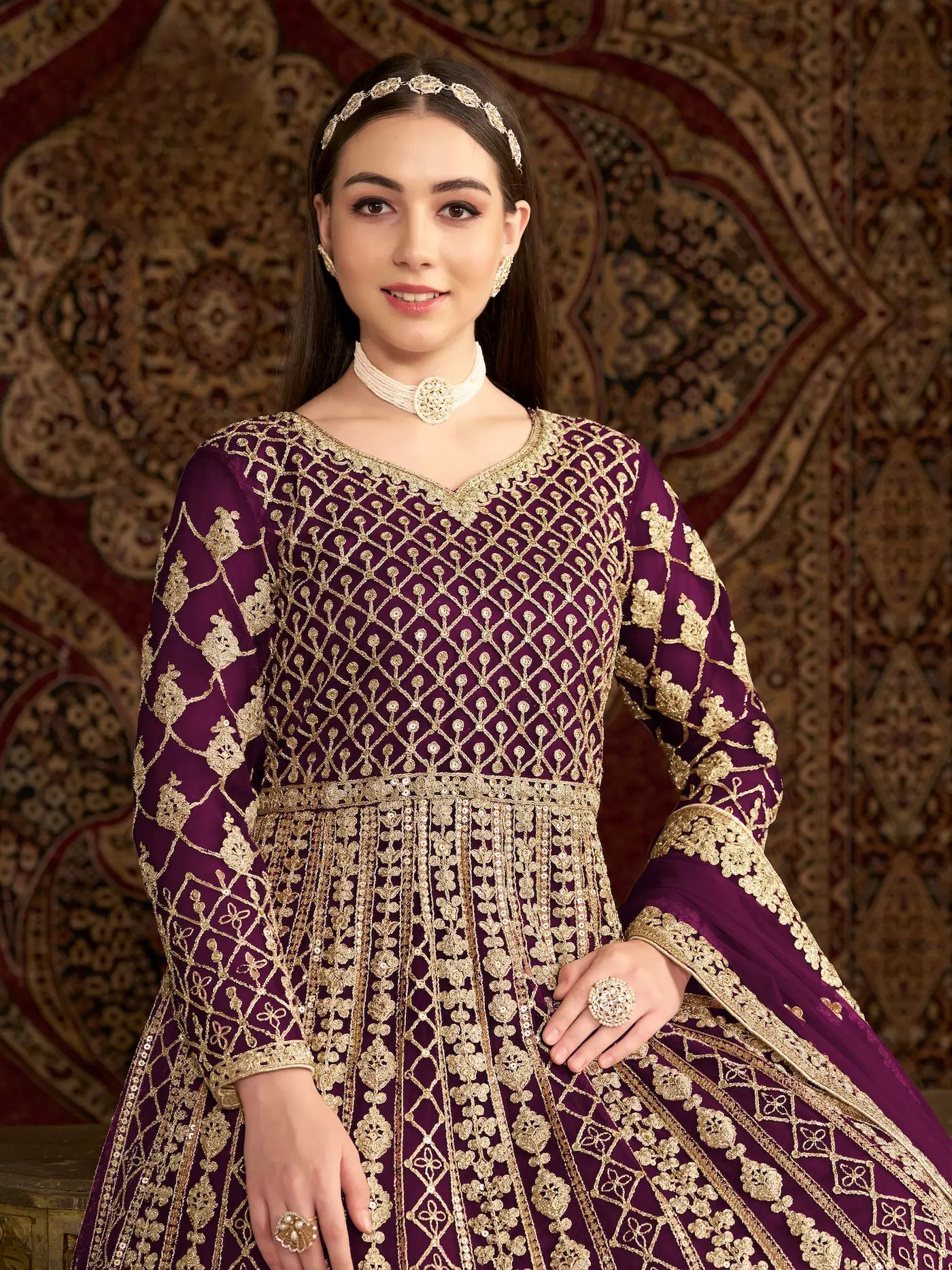 Wine Net Gown With Sequence & Zari Embroidery Work - qivii
