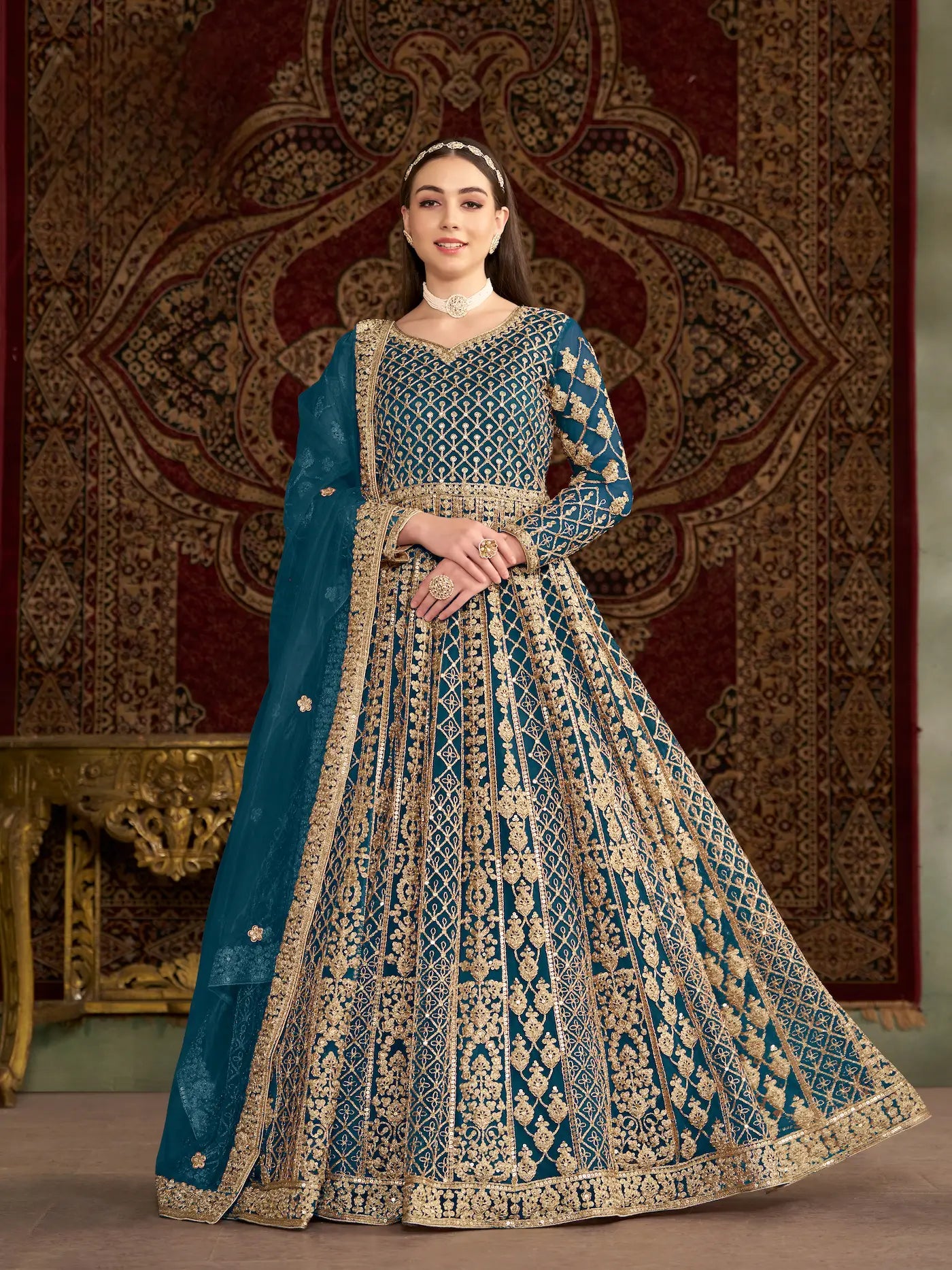 Teal Blue Net Gown With Sequence & Zari Embroidery Work - qivii