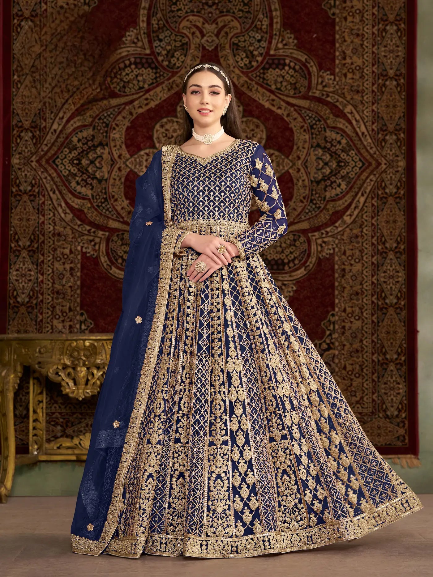 Navy Blue Net Gown With Sequence & Zari Embroidery Work - qivii