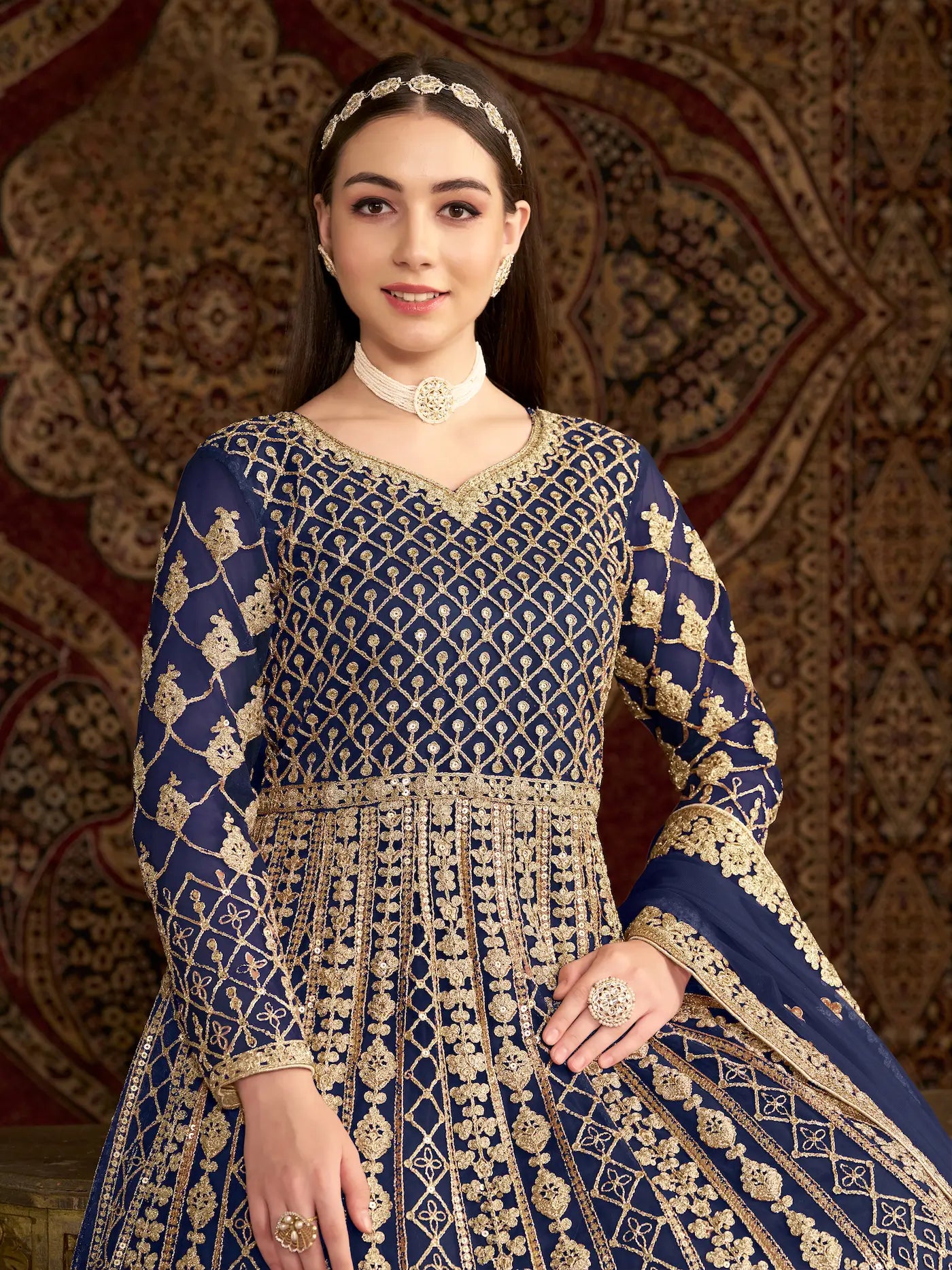 Navy Blue Net Gown With Sequence & Zari Embroidery Work - qivii